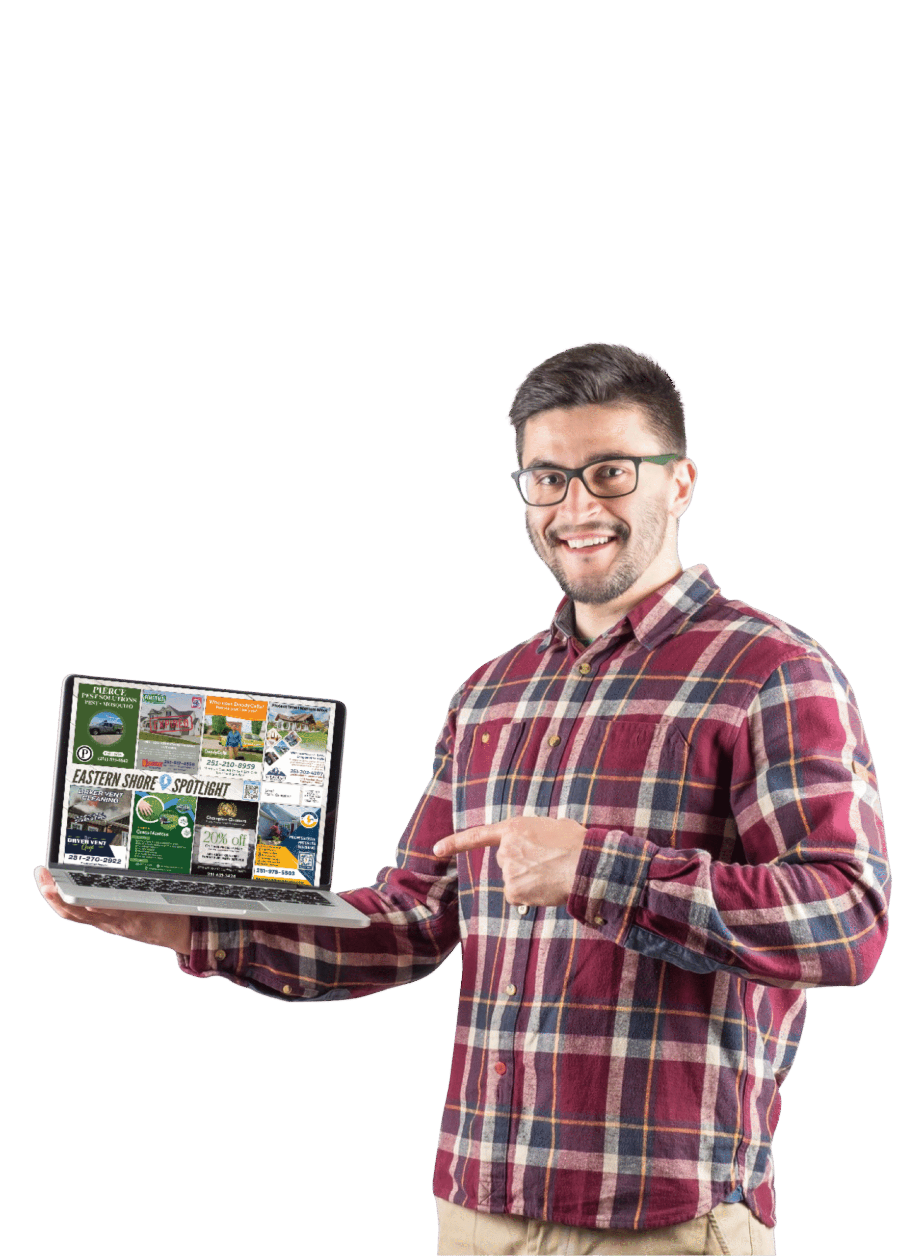 Man2ES A man in a plaid shirt smiles while holding and pointing at a laptop displaying a collage of sports-related graphics, highlighting innovative print marketing reaching residents in Daphne.