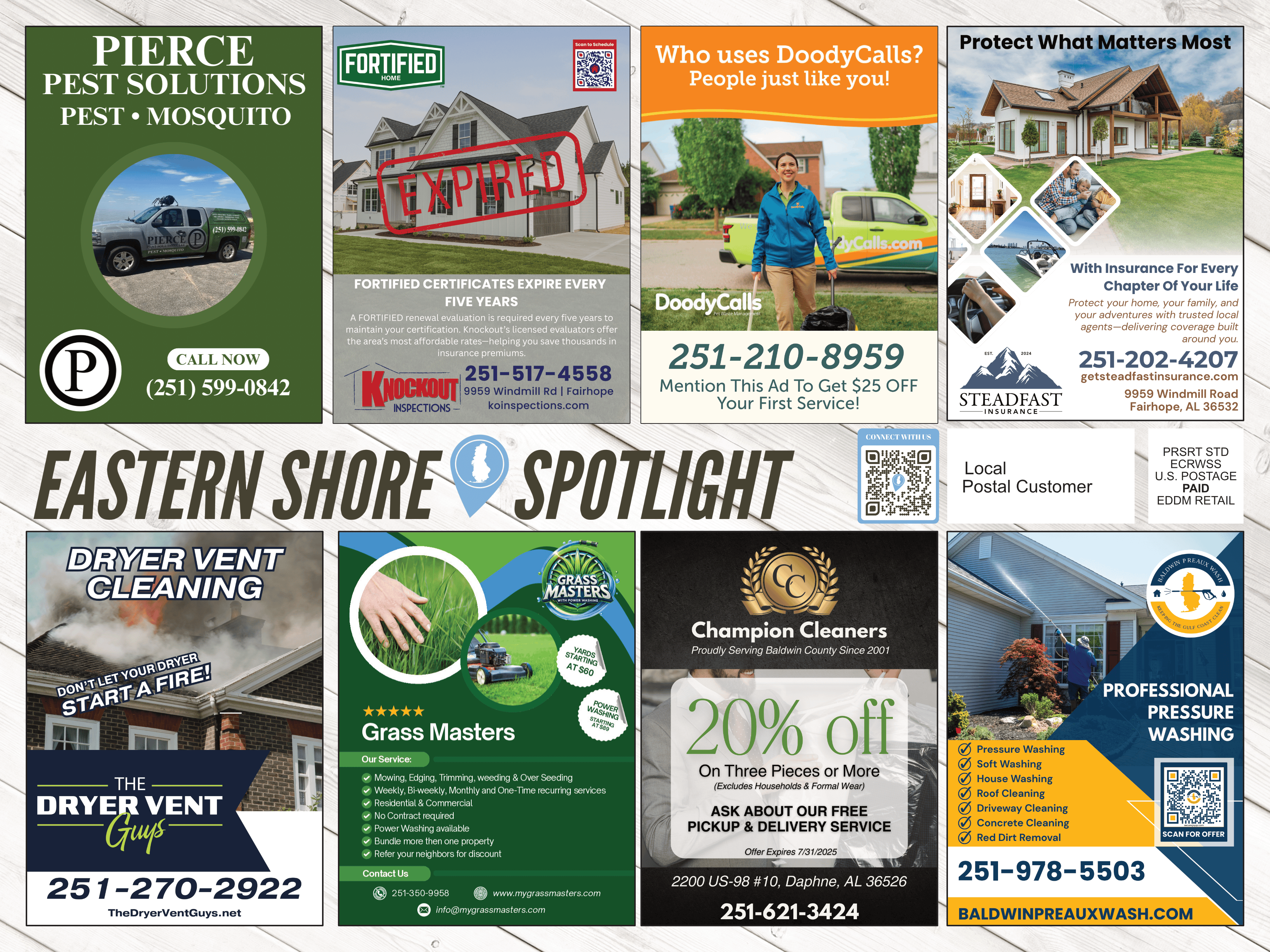 Q22025_1 A collage of eight business advertisements for pest solutions, lawn care, cleaning services, and home protection, featuring a woman holding Eastern Shore Spotlight postcard to showcase direct mail advertising in Daphne.