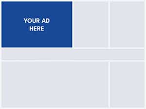 ad-size-4x6 A website layout mockup with a blue rectangle in the top left labeled "Your Ad Here," perfect for showcasing direct mail advertising in Daphne, surrounded by empty grey content boxes.