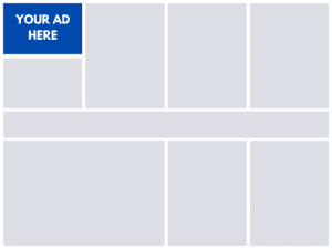 halfad A grid layout with blank rectangles; the top left rectangle has a blue box labeled "YOUR AD HERE"—perfect for Fairhope small business marketing support or print marketing reaching residents in Daphne.